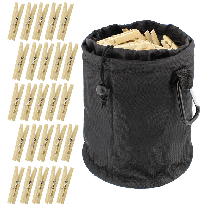 50 Wooden Clothespins with Bag Clothespin Bag for Clothesline Outdoor