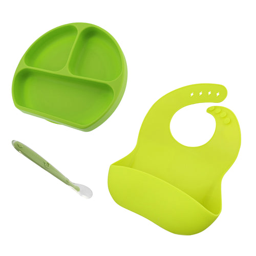 Toddler Feeding Set Silicone Baby Plate with Suction Base, Spoon, Bib